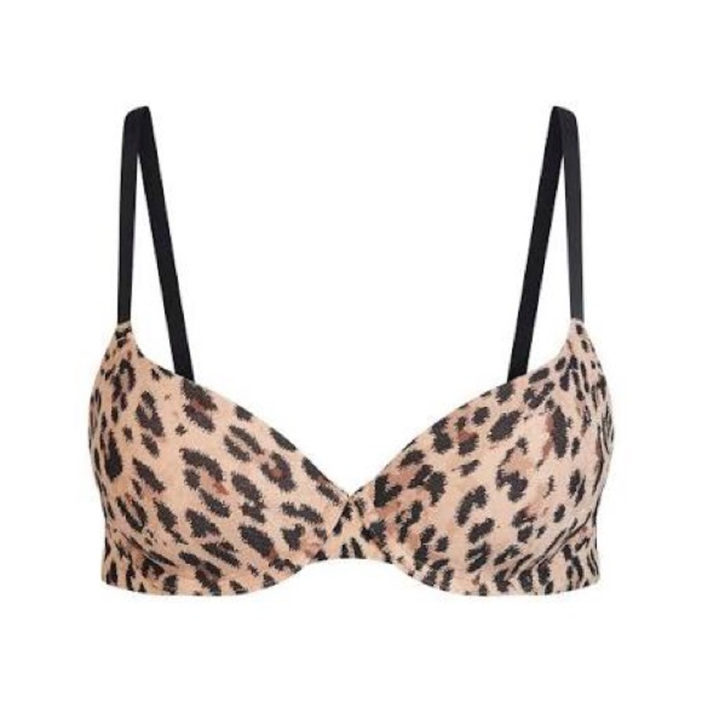 SKIMS Leopard Print Push-Up Bra with Black Straps